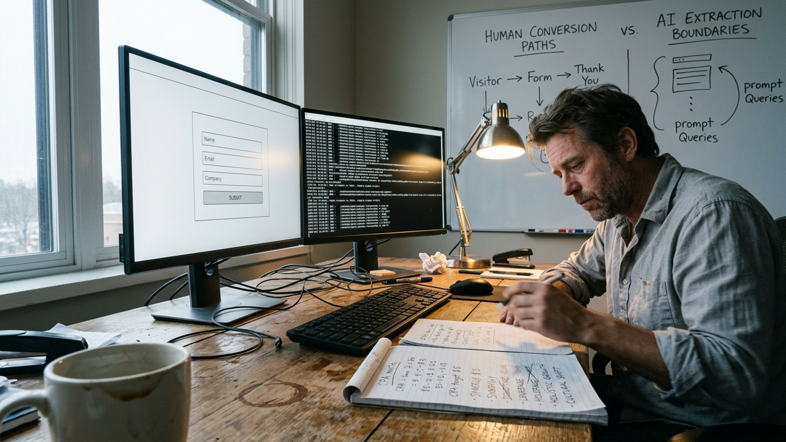 Growth marketing workspace with conversion calculations and AI-search prompt logs on whiteboards
